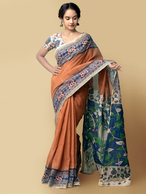 

Unnati Silks Women Orange & Blue Pure Handloom Kalamkari Cotton Sustainable Saree