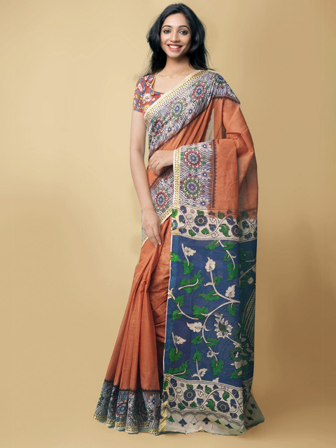 

Unnati Silks Women Orange & Blue Pure Handloom Kalamkari Cotton Sustainable Saree