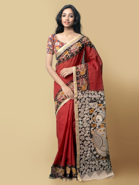 

Unnati Silks Red & Black Kalamkari Pure Cotton Saree