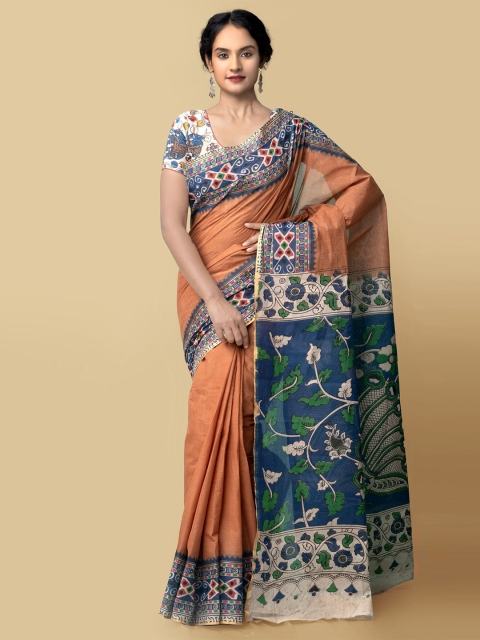 

Unnati Silks Women Orange & Blue Pure Handloom Kalamkari Cotton Sustainable Saree
