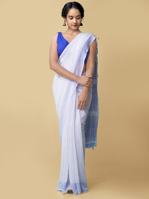 

Unnati Silks Women Off White & Blue Printed Georgette Saree