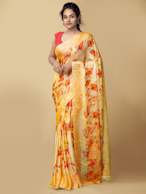 

Unnati Silks Orange & Red Floral Printed Art Silk Bhagalpuri Saree