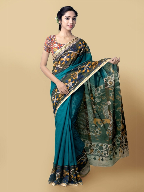 

Unnati Silks Women Green & Mustard Pure Handloom Kalamkari Cotton Sustainable Saree