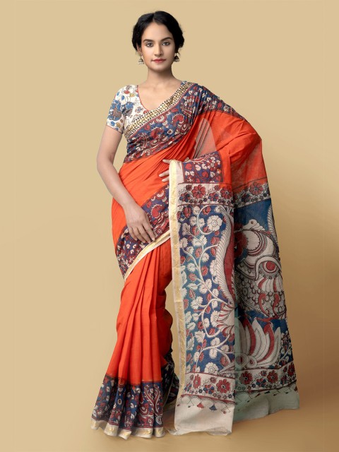 

Unnati Silks Women Orange & Blue Pure Handloom Kalamkari Cotton Sustainable Saree