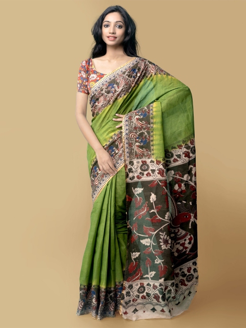 

Unnati Silks Women Green & Black Pure Handloom Kalamkari Cotton Sustainable Saree