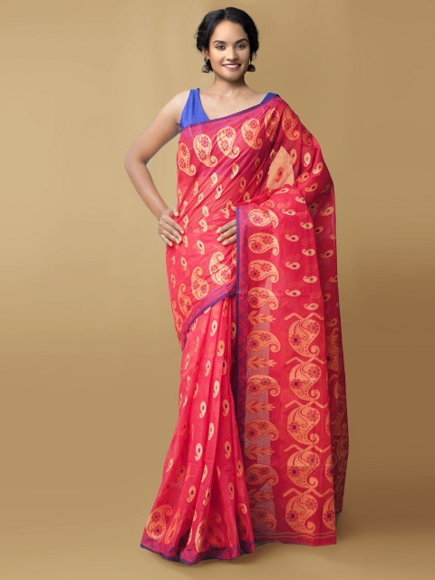 

Unnati Silks Women Red & Gold-Coloured Pure Handloom Bengal Tant Cotton Sustainable Saree
