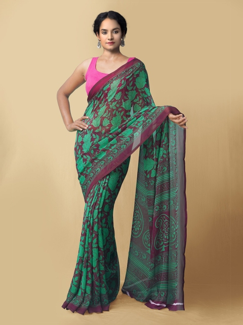 

Unnati Silks Women Burgundy & Green Printed Georgette Saree