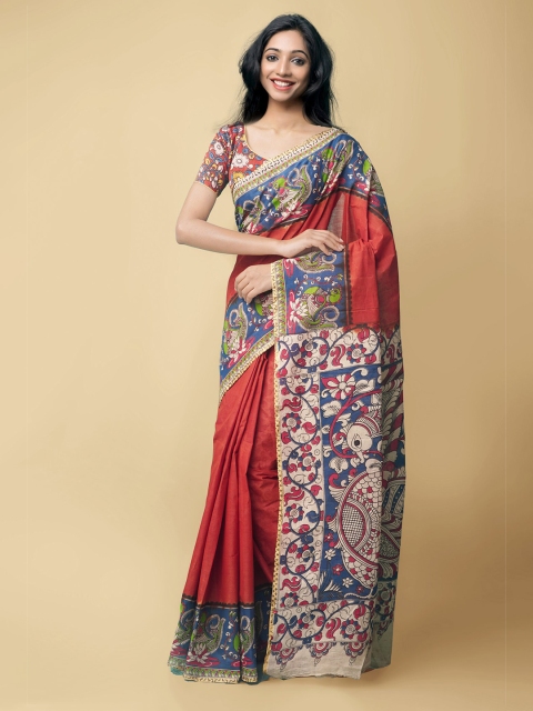 

Unnati Silks Women Orange & Blue Pure Handloom Kalamkari Cotton Sustainable Saree