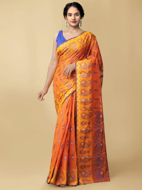 

Unnati Silks Women Orange & Blue Pure Handloom Bengal Tant Cotton Sustainable Saree