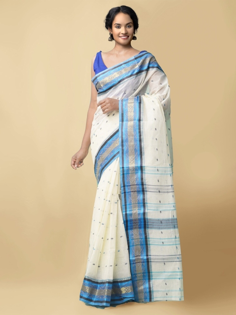 

Unnati Silks Women Cream-Coloured & Blue Pure Handloom Bengal Tant Cotton Saree