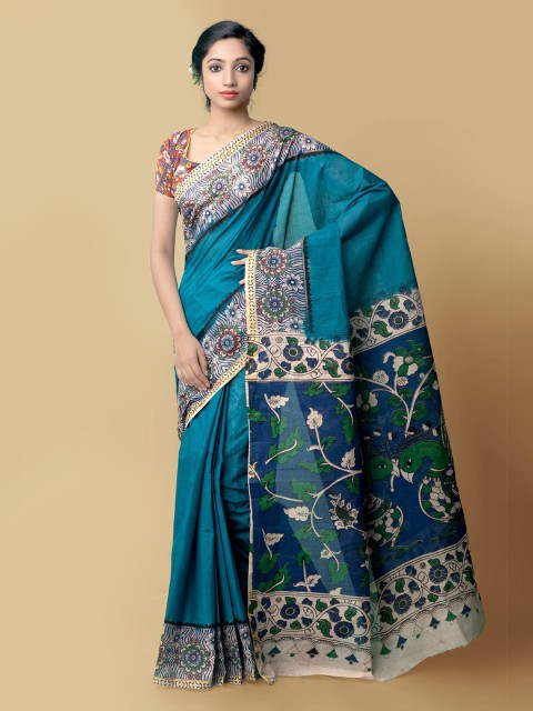 

Unnati Silks Women Green & Whit Kalamkari Pure Cotton Saree