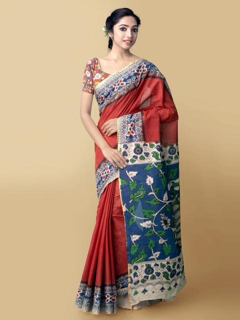 

Unnati Silks Women Red & Blue Pure Handloom Kalamkari Cotton Sustainable Saree