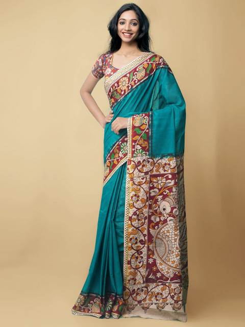 

Unnati Silks Women Green & Beige Pure Handloom Kalamkari Cotton Sustainable Saree
