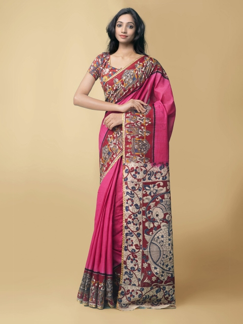 

Unnati Silks Pink & Red Kalamkari Printed Pure Cotton Saree
