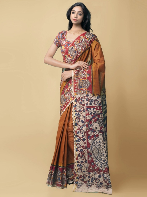 

Unnati Silks Orange & Beige Ethnic Motifs Printed Pure Cotton Kanjeevaram Saree