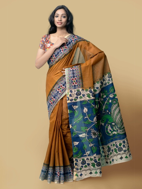 

Unnati Silks Rust & Blue Kalamkari Pure Cotton Saree