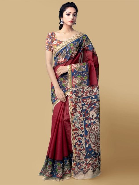 

Unnati Silks Maroon & Blue Pure Handloom Sustainable Kalamkari Cotton Saree