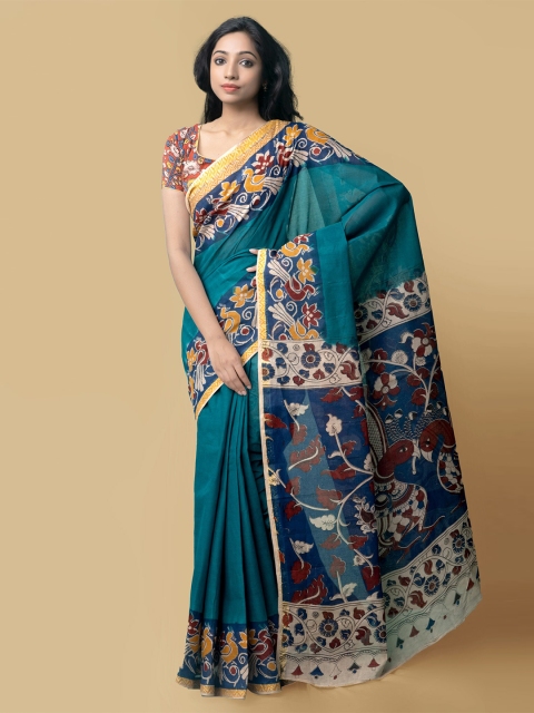 

Unnati Silks Women Green & Blue Pure Handloom Kalamkari Cotton Sustainable Saree