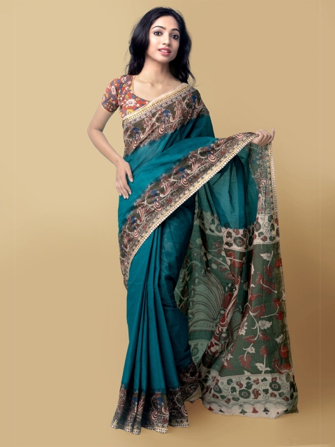 

Unnati Silks Green & Blue Kalamkari Pure Cotton Kanjeevaram Saree