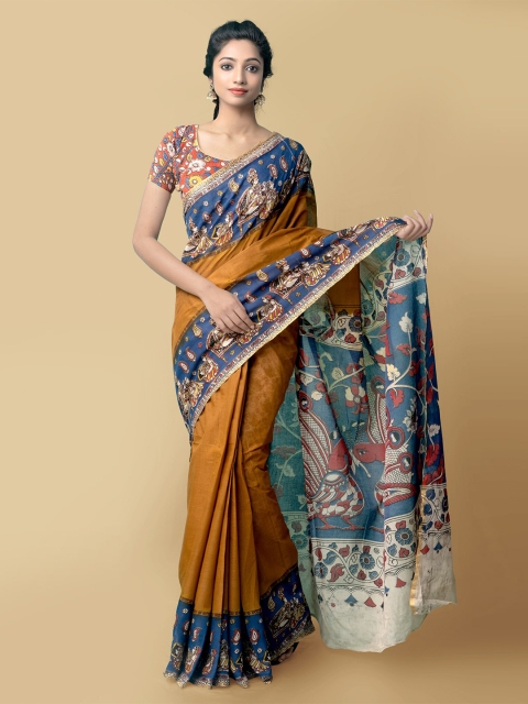 

Unnati Silks Women Orange & Blue Pure Handloom Kalamkari Cotton Sustainable Saree