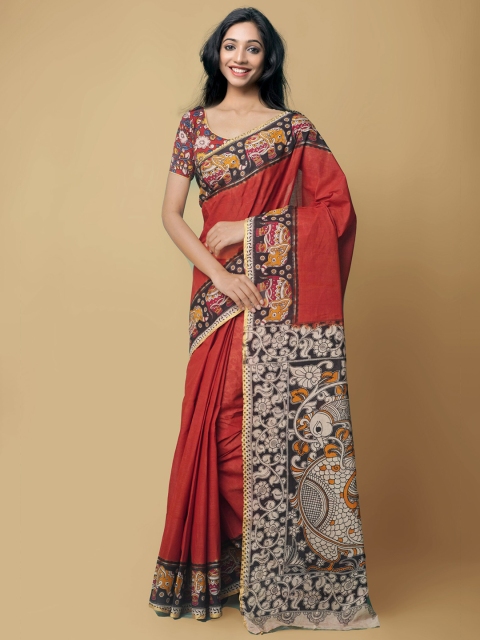 

Unnati Silks Orange & Black Kalamkari Printed Pure Cotton Saree