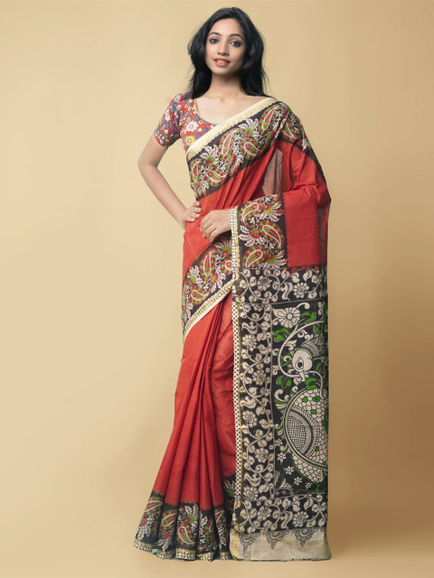

Unnati Silks Red & Black Kalamkari Pure Cotton Kanjeevaram Saree