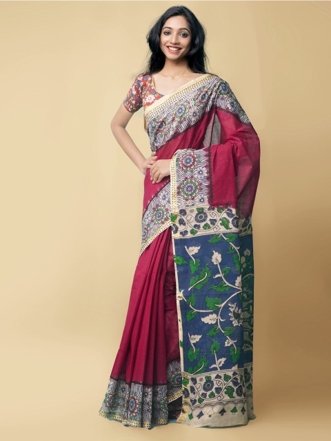 

Unnati Silks Women Red & Blue Pure Handloom Kalamkari Cotton Sustainable Saree