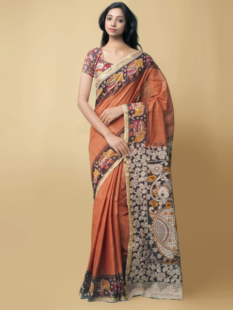 

Unnati Silks Orange & Black Kalamkari Printed Pure Cotton Saree, Brown