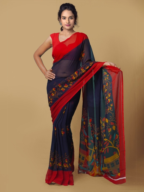 

Unnati Silks Women Navy Blue & Red Printed Georgette Saree