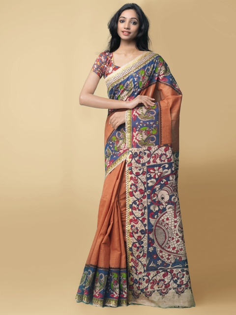 

Unnati Silks Orange & Beige Ethnic Motifs Printed Pure Cotton Kanjeevaram Saree