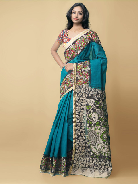 

Unnati Silks Women Green & Black Pure Handloom Kalamkari Cotton Sustainable Saree
