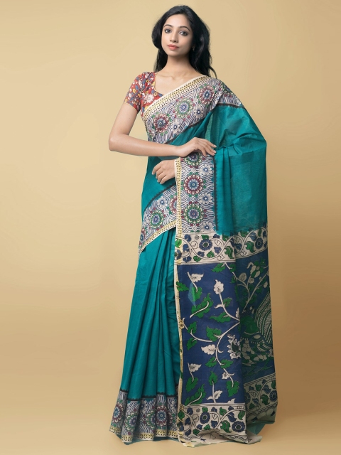 

Unnati Silks Women Green & Blue Pure Handloom Kalamkari Cotton Sustainable Saree