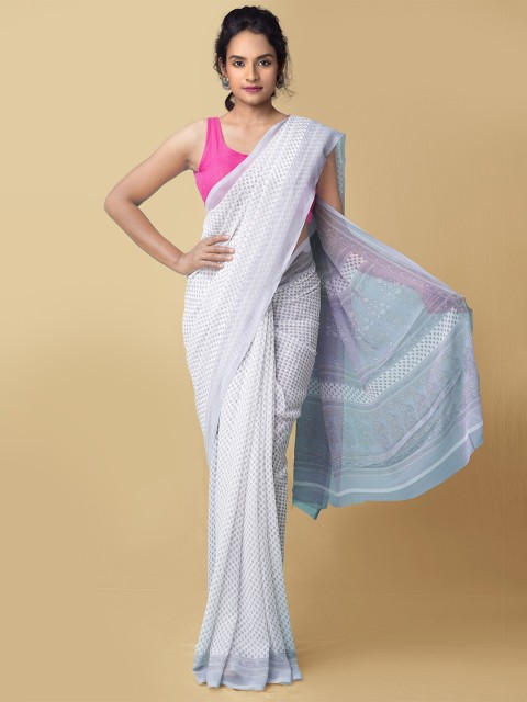

Unnati Silks Women Off White & Grey Printed Georgette Saree