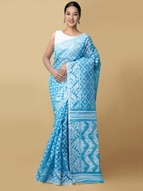 

Unnati Silks Women Blue & White Pure Handloom Dhaka Jamdhani Bengal Tant Cotton Sustainable Saree
