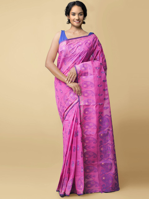 

Unnati Silks Women Pink & Blue Pure Handloom Bengal Tant Cotton Sustainable Saree