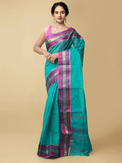 

Unnati Silks Green & Pink Woven Design Pure Cotton Taant Saree