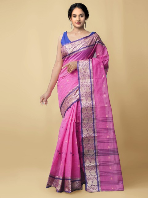 

Unnati Silks Women Pink & Blue Pure Handloom Bengal Tant Cotton Sustainable Saree