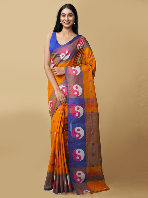 

Unnati Silks Women Orange & Blue Pure Handloom Dhaka Jamdhani Bengal Tant Cotton Sustainable Saree