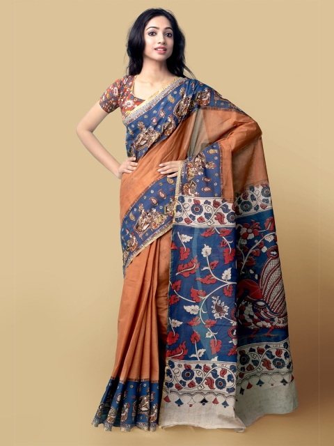 

Unnati Silks Women Orange & Blue Pure Handloom Kalamkari Cotton Sustainable Saree