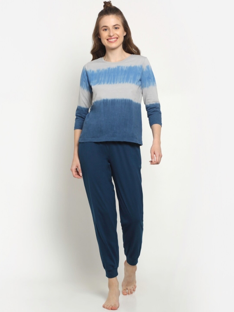 

Slumber Jill Women Blue & Grey Tie and Dye Printed Pure Cotton 2 Pc Night Suit