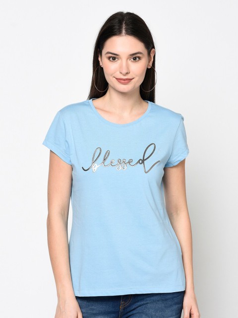 

DAiSY Women Blue Typography Printed Cotton T-shirt