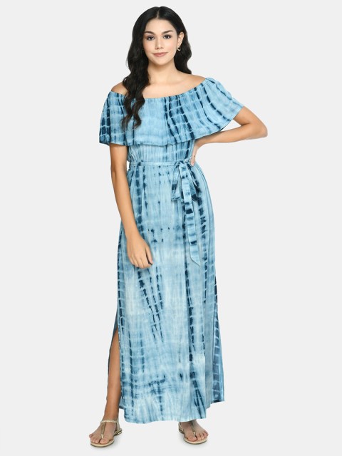 

DesiNoor com Blue Tie and Dye Off-Shoulder Georgette Maxi Dress