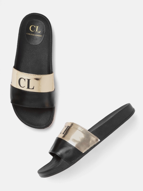 

Carlton London Women Black & Gold-Toned Colourblocked Open Toe Flats