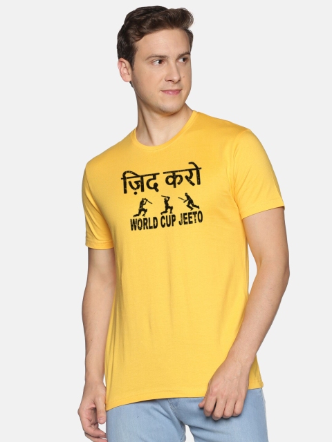 

MASH UNLIMITED Men Yellow Typography Printed Applique Slim Fit T-shirt