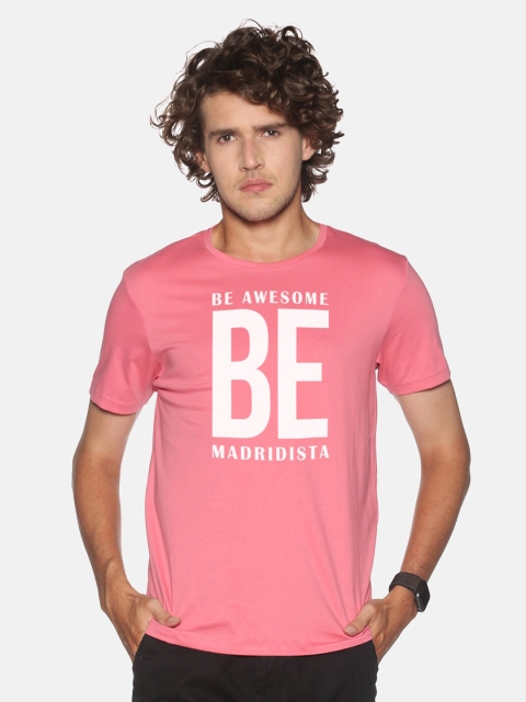 

MASH UNLIMITED Men Pink Typography Printed Applique Slim Fit T-shirt