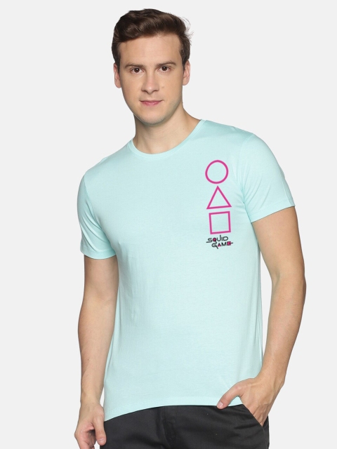 

MASH UNLIMITED Men Turquoise Blue Printed Applique Slim Fit T-shirt