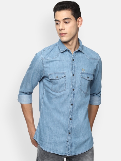 

VAN HEUSEN DENIM LABS Men Blue Solid Slim Fit Pure Cotton Casual Shirt
