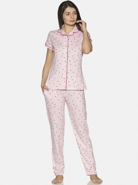 

Charak Women Pink Hearts Printed Pure Cotton Night Suit