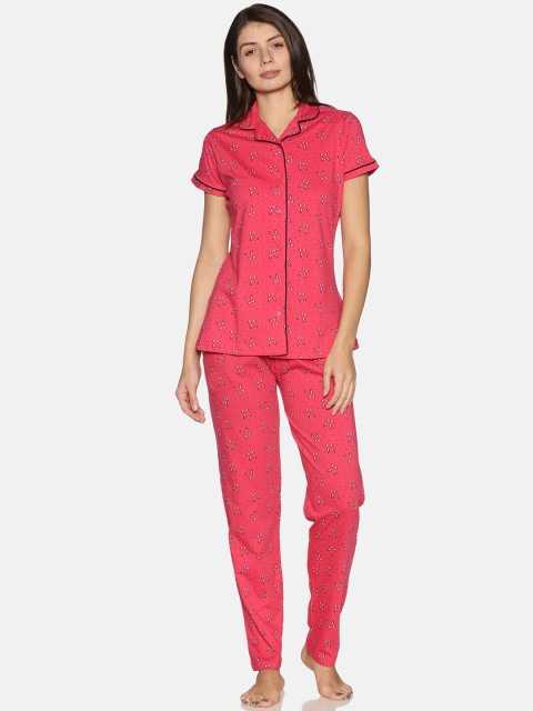 

Charak Women Coral & White Printed Pure Cotton 2 Pc Night Suit