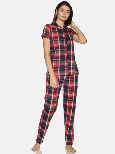 

Charak Women Red & Blue Checked Pure Cotton Night suit
